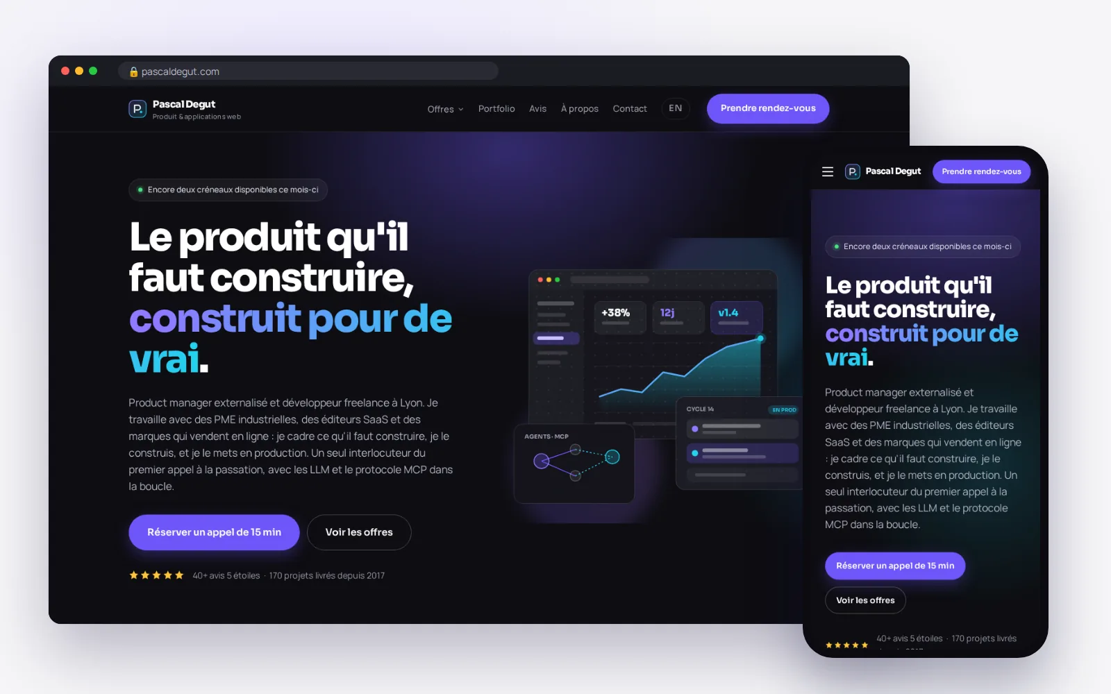 Le site pascaldegut.com, livré en code, affiché sur ordinateur et sur mobile
