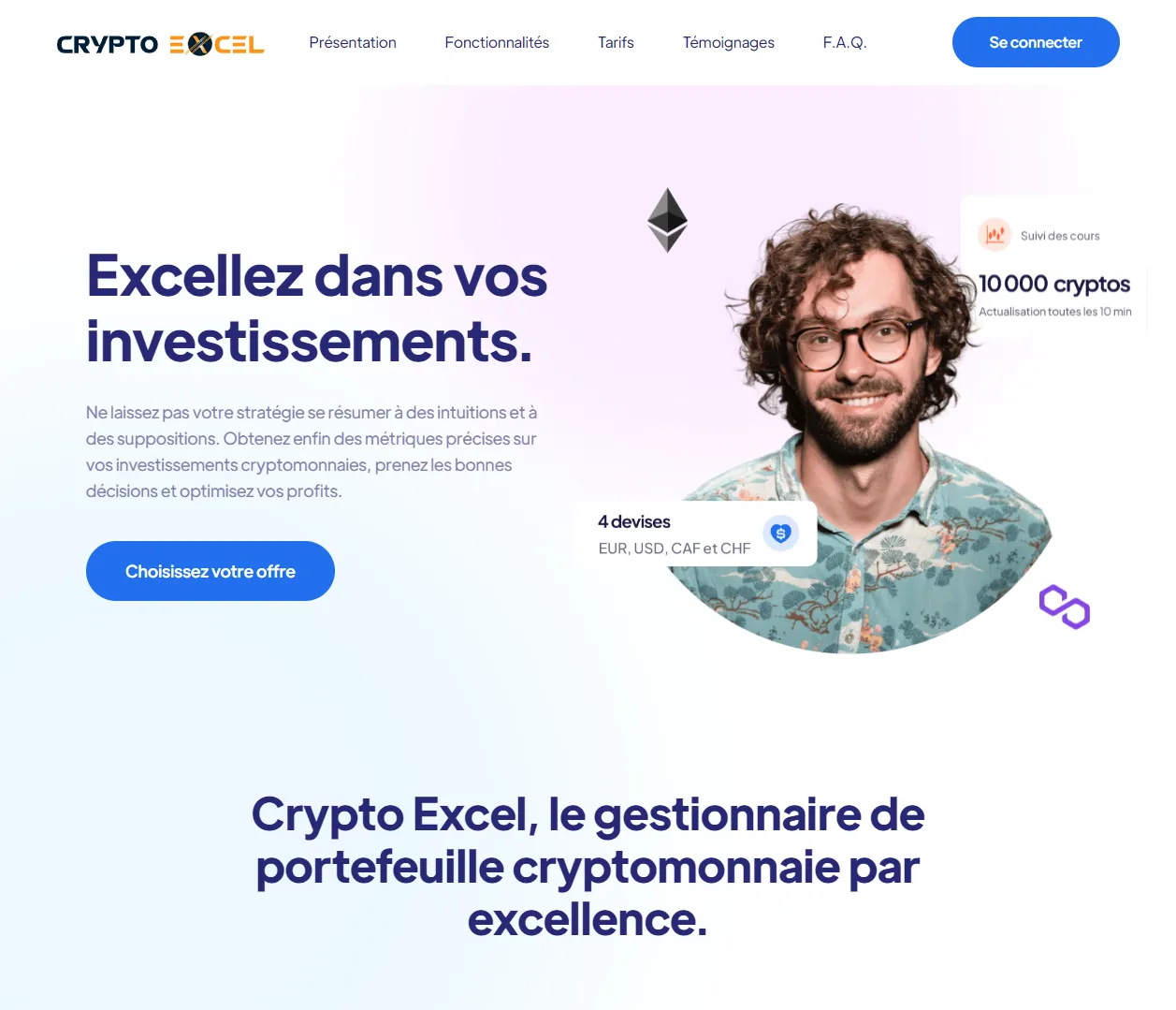 Crypto Excel, haut de la page d'accueil du site Webflow