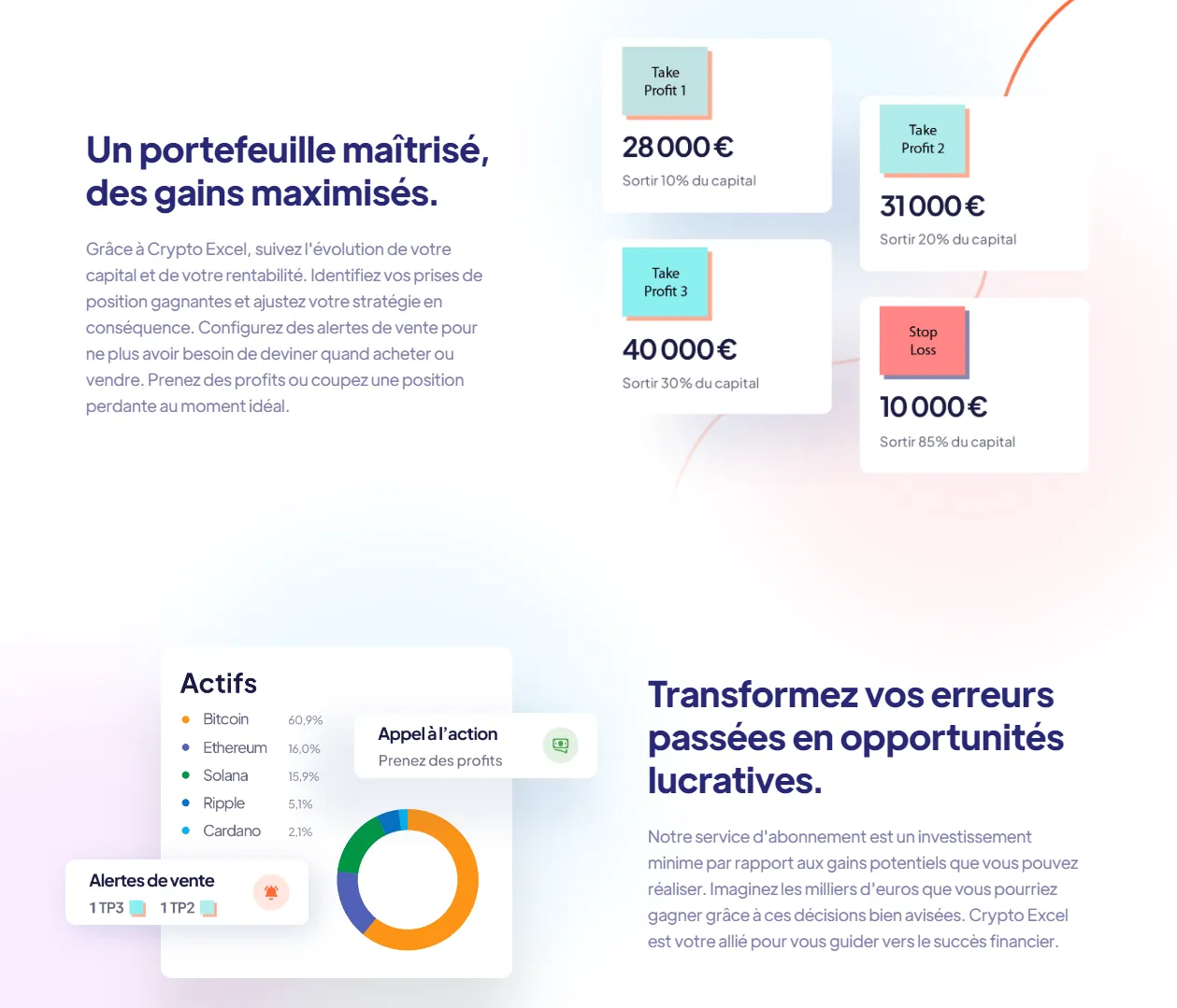 Crypto Excel, sections animées présentant les fonctionnalités