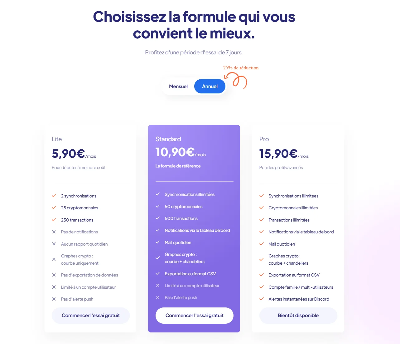 Crypto Excel, les trois formules Lite, Standard et Pro